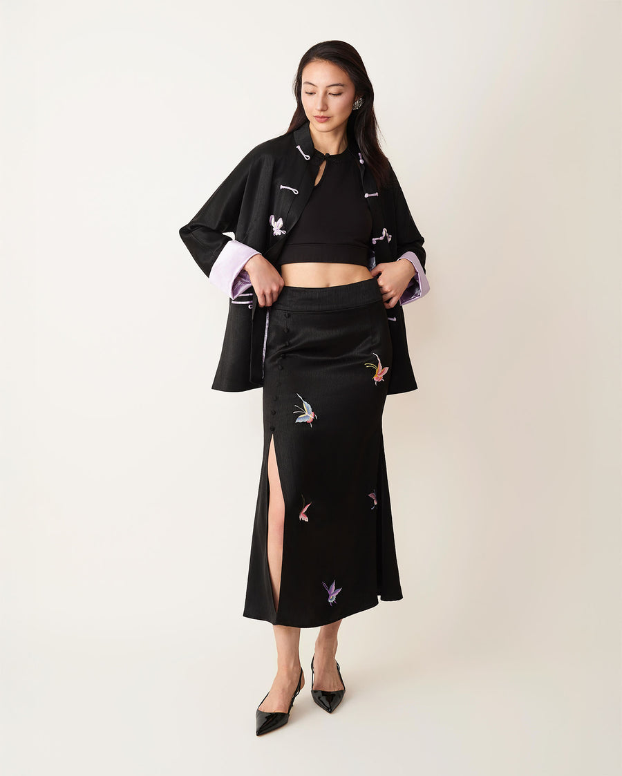 Colored Butterfly Embroidered Fishtail Skirt Black