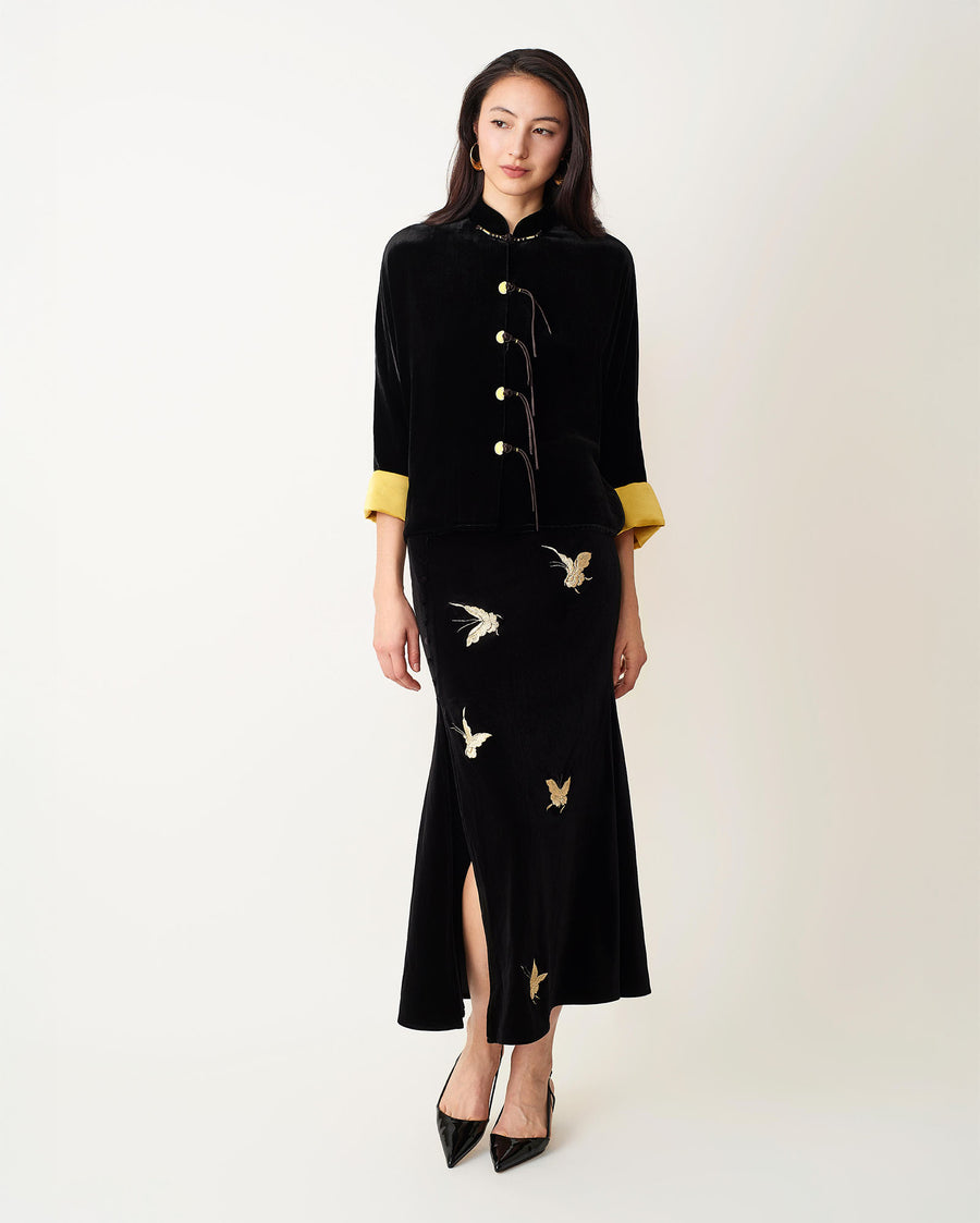 Gold Butterfly Embroidered Velvet Fishtail Skirt