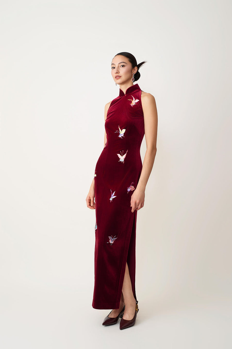 Butterfly Embroidered Halter-Neck Modern Qipao Red