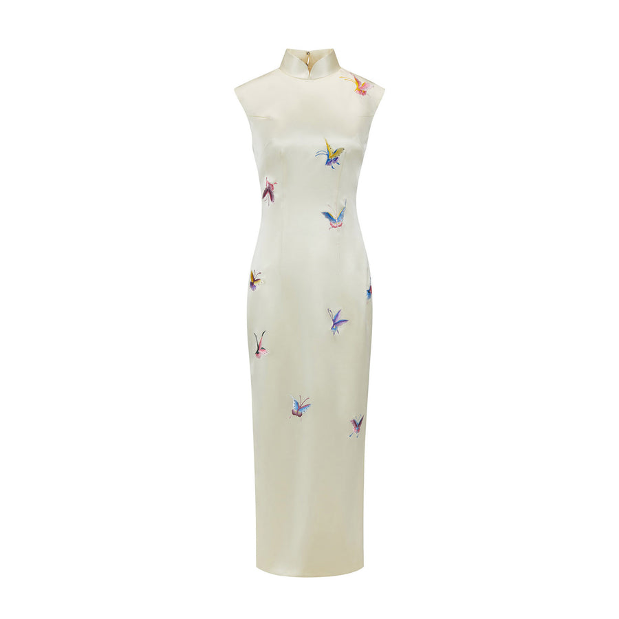 Butterfly Embroidered Modern Qipao Cream