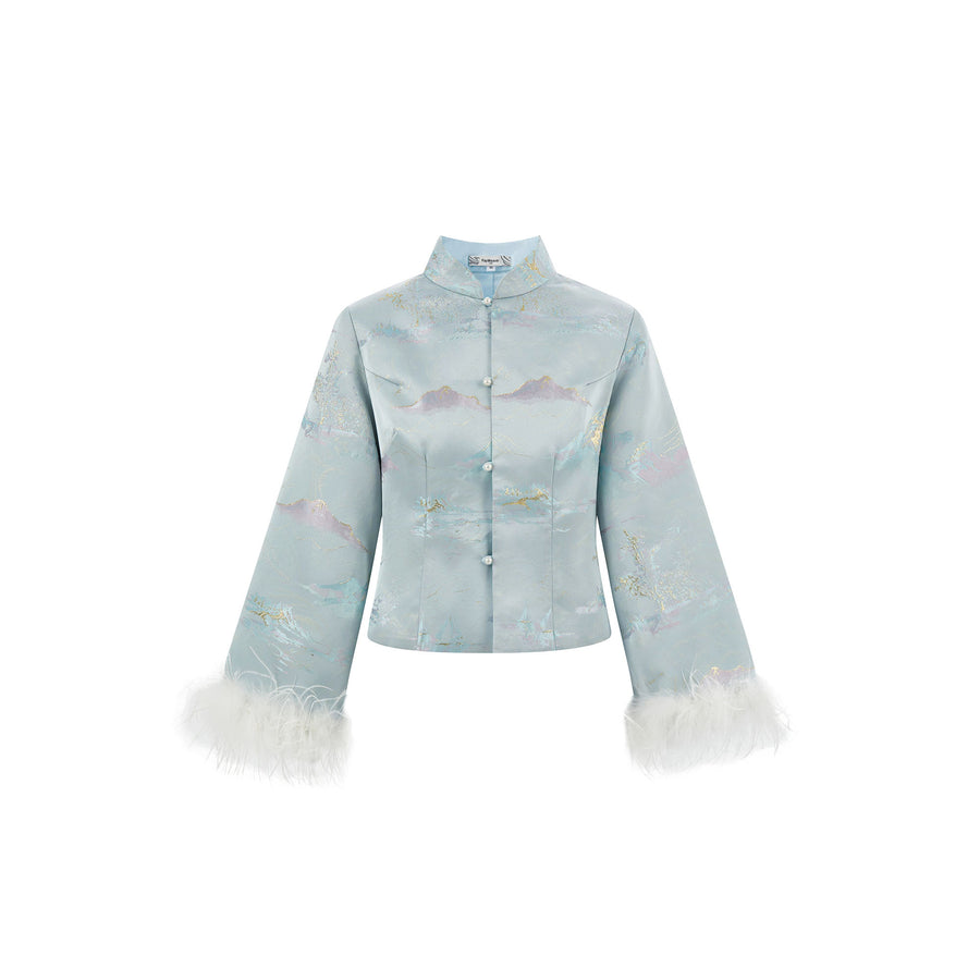 Landscape Patterned Short Jacket Azure Blue
