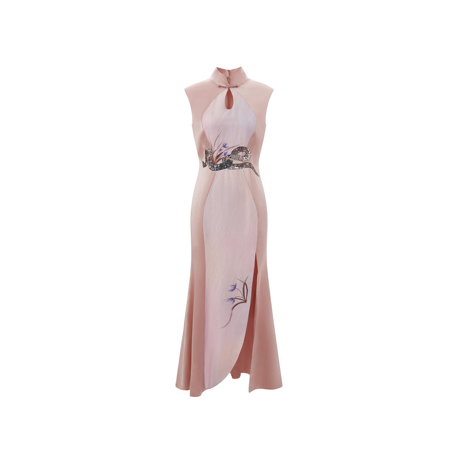 Snake & Orchid Embroidered Qipao Pink