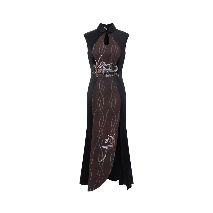 Snake & Orchid Embroidered Qipao Mocha