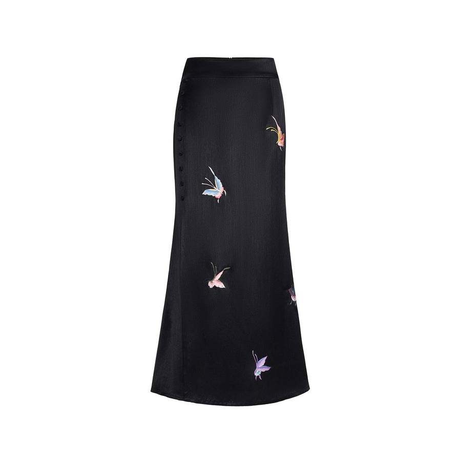 Colored Butterfly Embroidered Fishtail Skirt Black