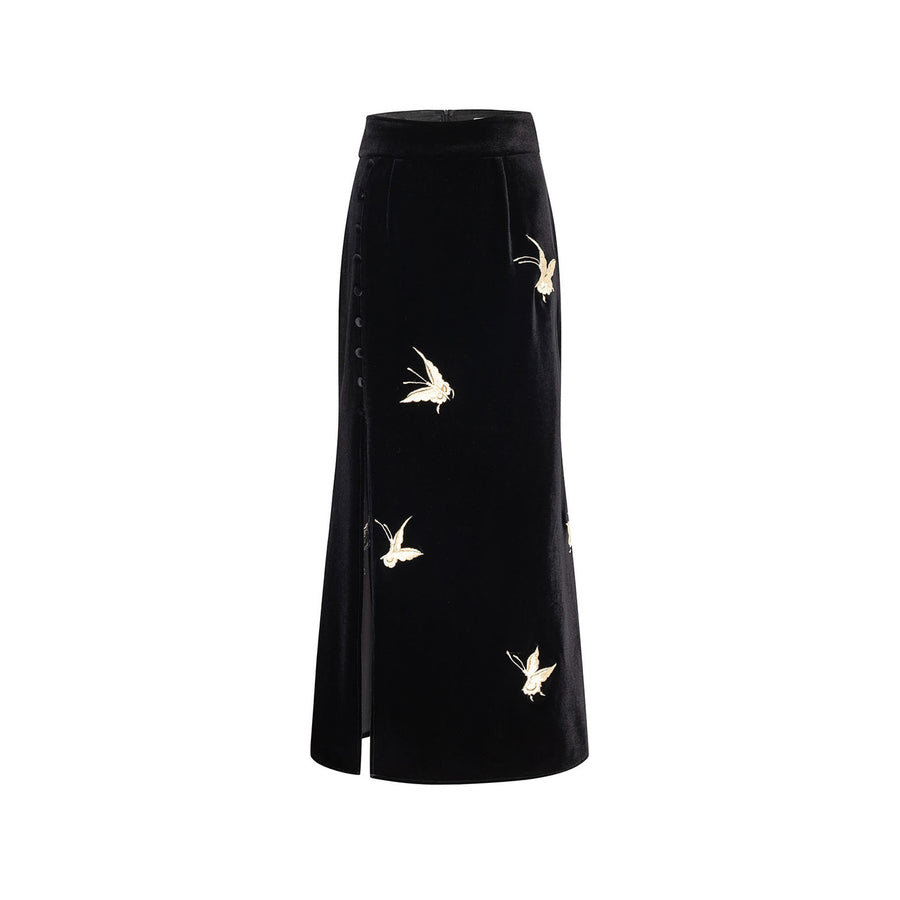 Gold Butterfly Embroidered Velvet Fishtail Skirt
