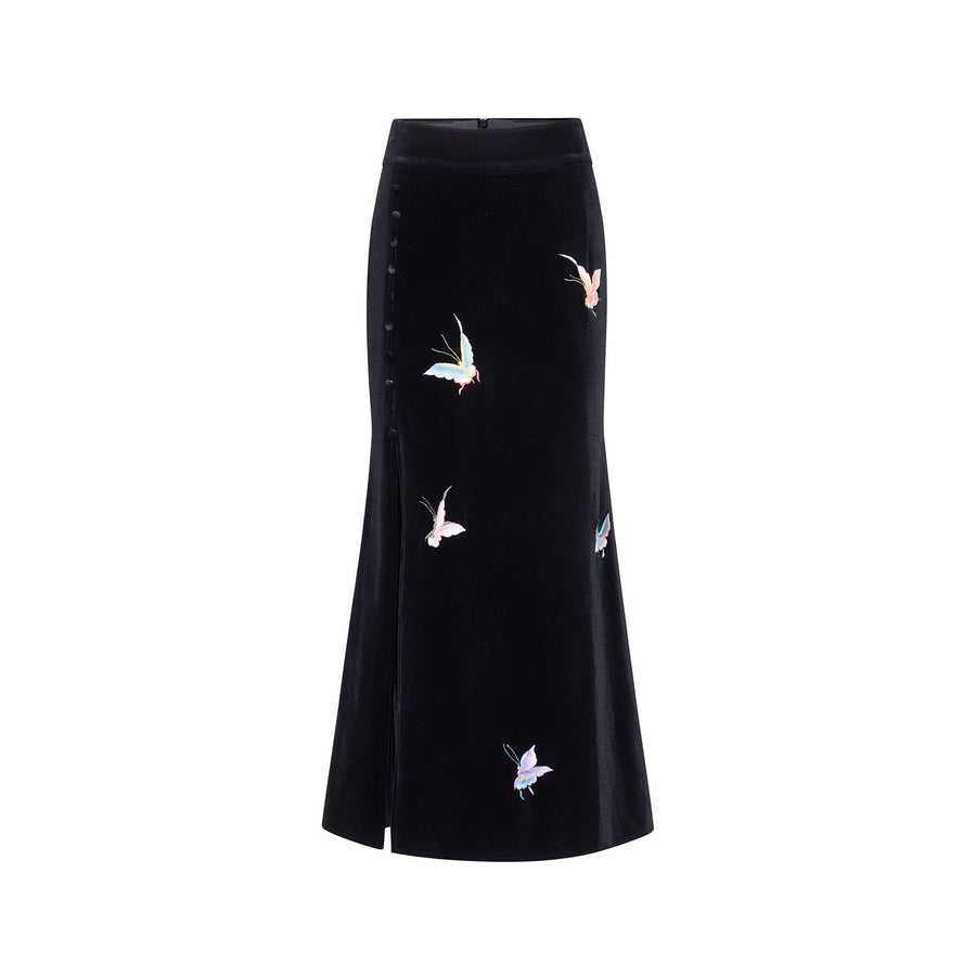 Colored Butterfly Embroidered Velvet Fishtail Skirt