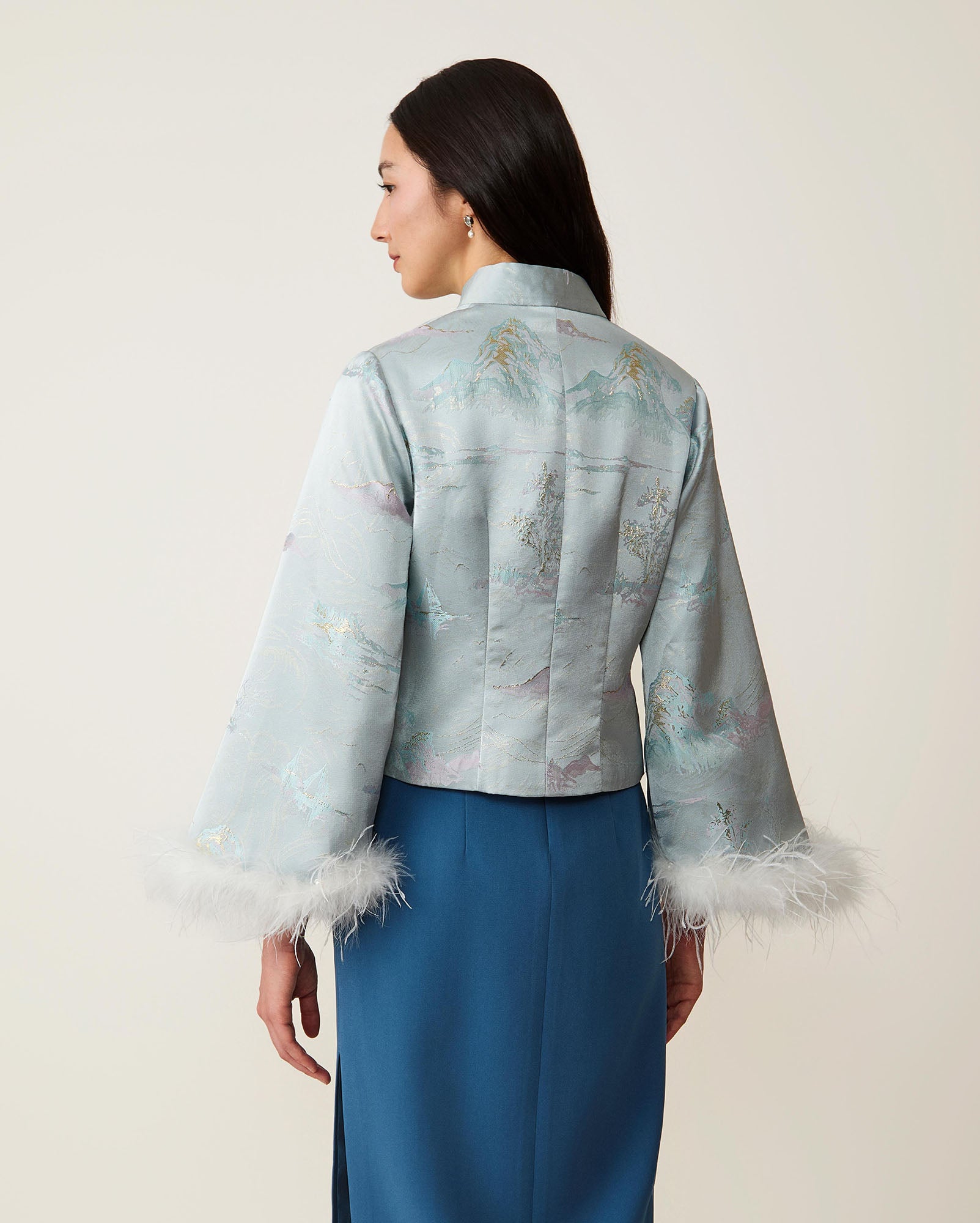 Landscape Patterned Short Jacket Azure Blue