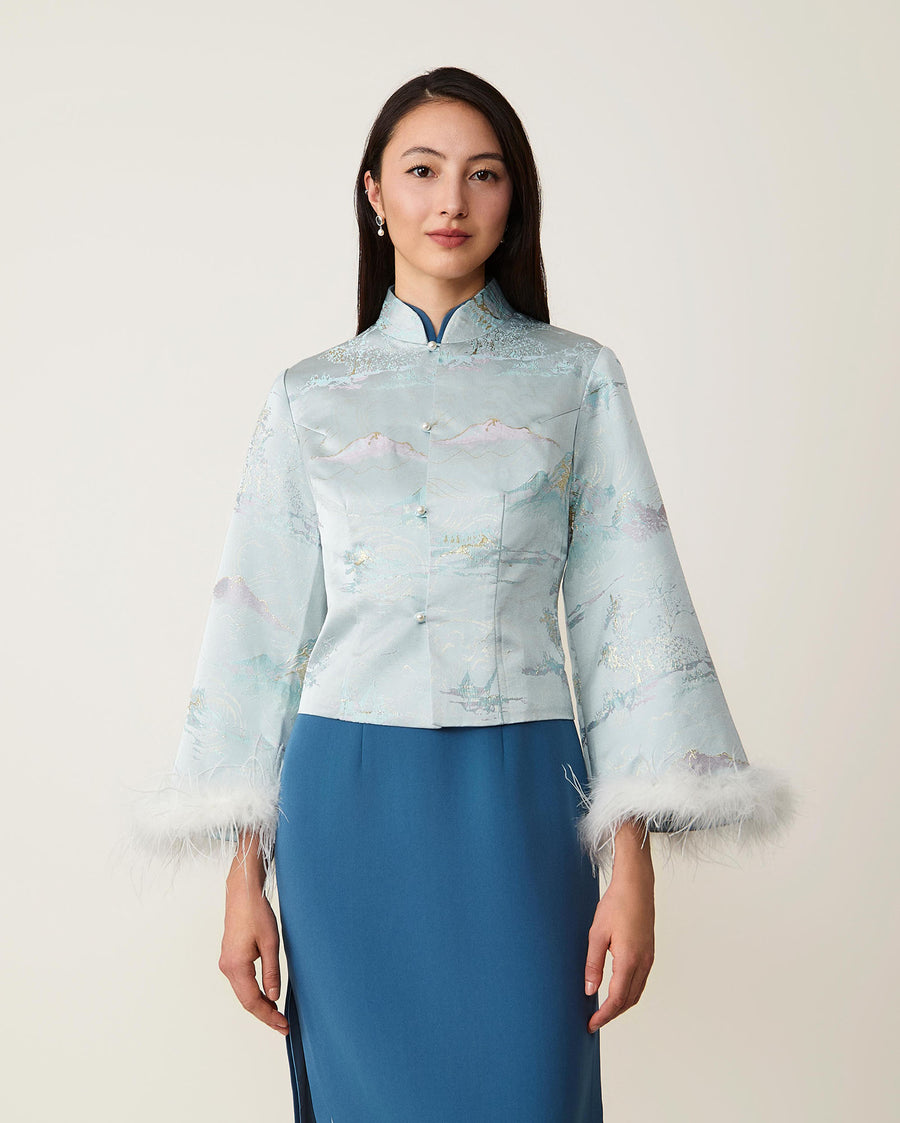 Landscape Patterned Short Jacket Azure Blue