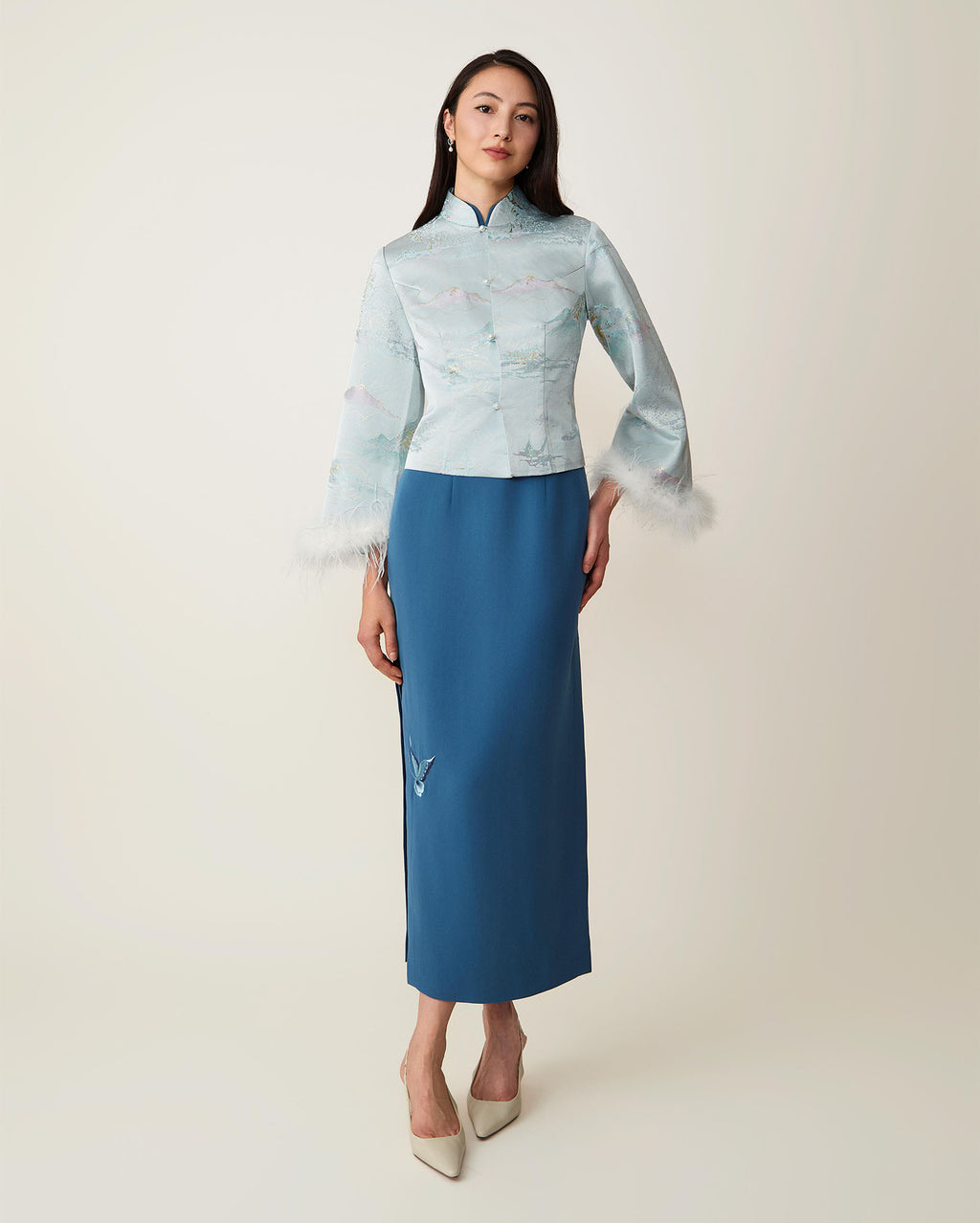 Landscape Patterned Short Jacket Azure Blue