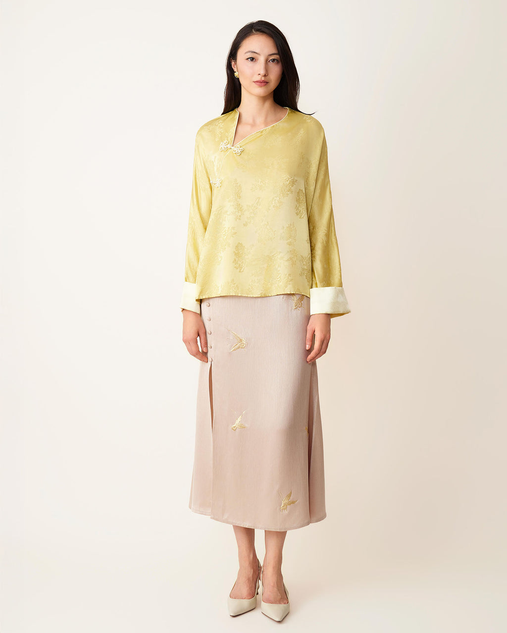 Flower Button Ribbon Blouse Lemon & Pearl