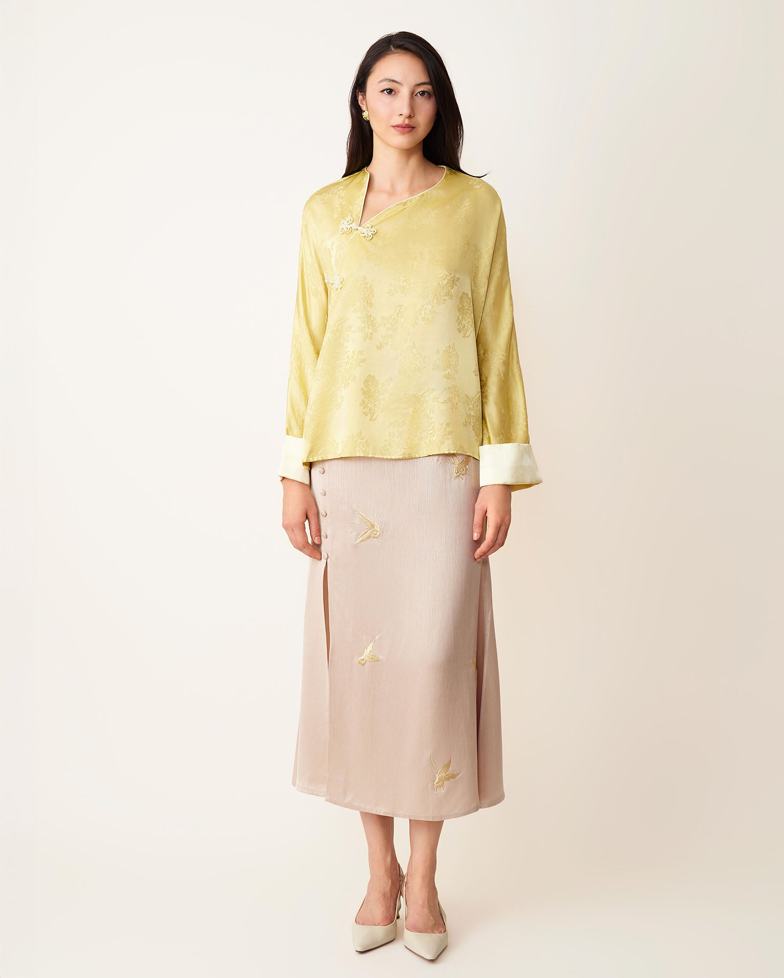 Flower Button Ribbon Blouse Lemon & Pearl