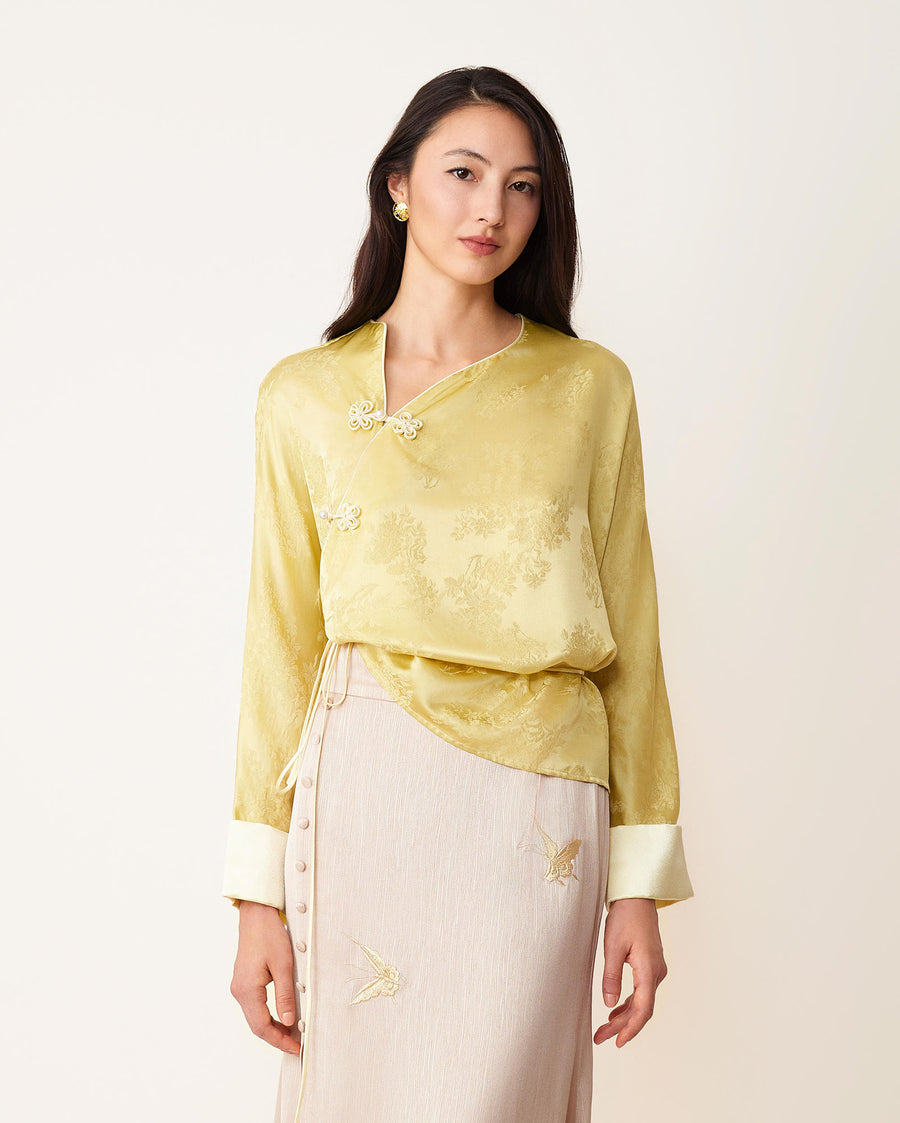 Flower Button Ribbon Blouse Lemon & Pearl