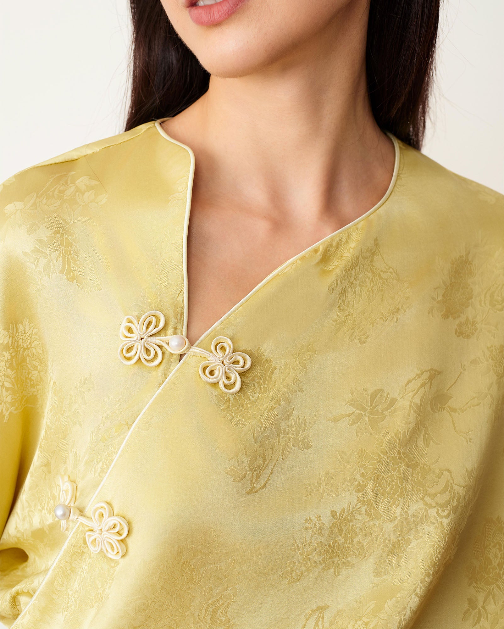 Flower Button Ribbon Blouse Lemon & Pearl