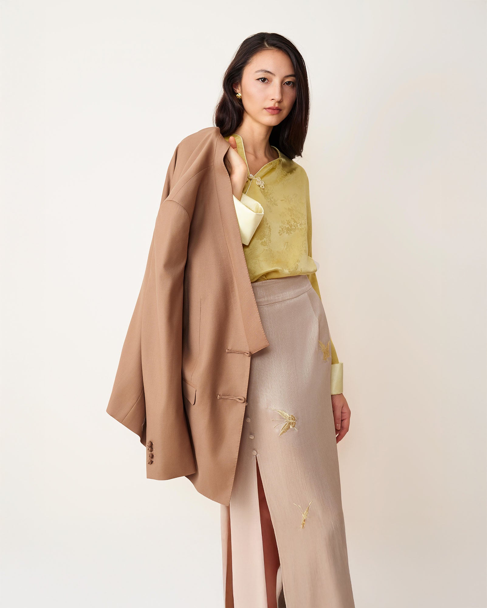 Flower Button Ribbon Blouse Lemon & Pearl