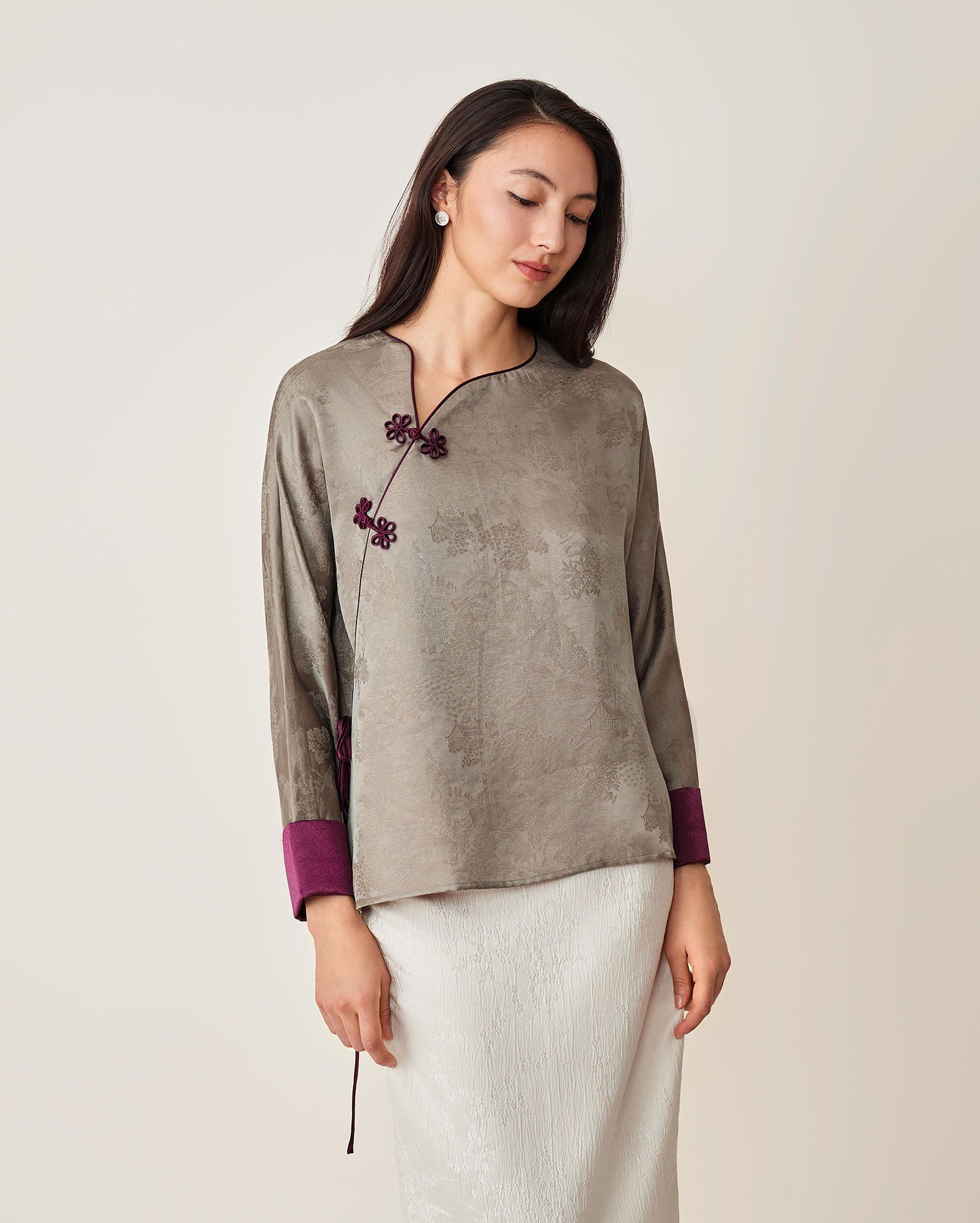 Flower Button Ribbon Blouse Gray
