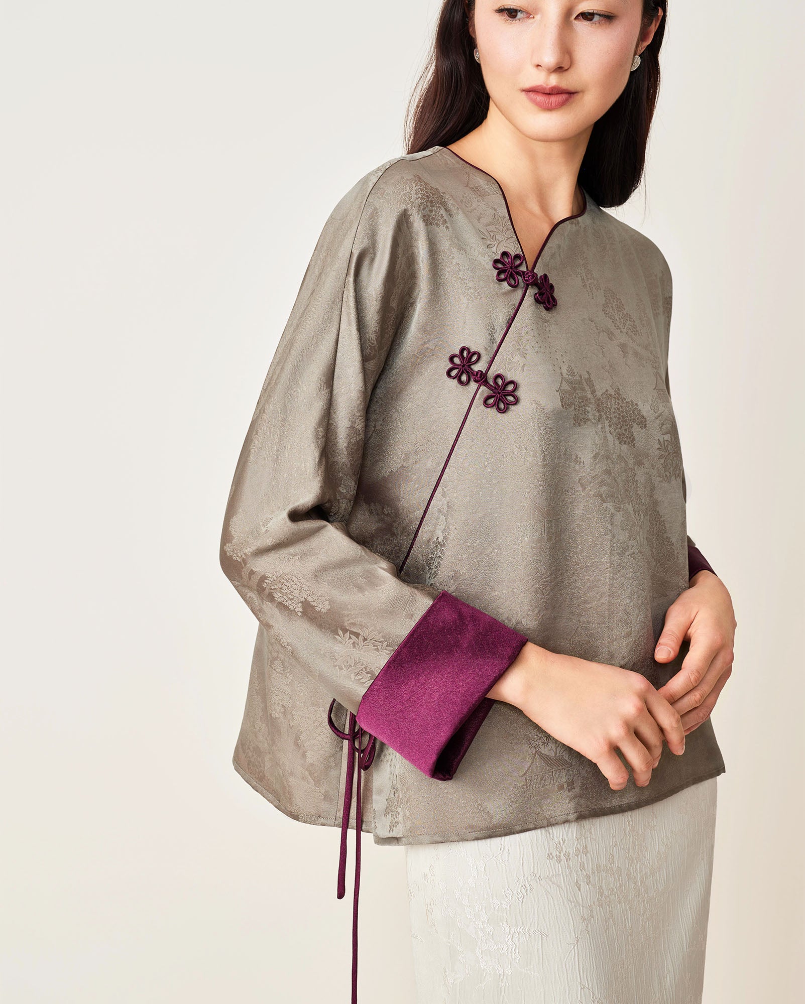 Flower Button Ribbon Blouse Gray