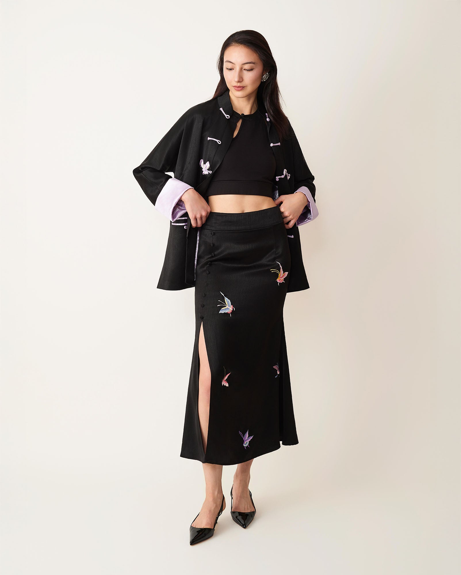 Colored Butterfly Embroidered Fishtail Skirt Black