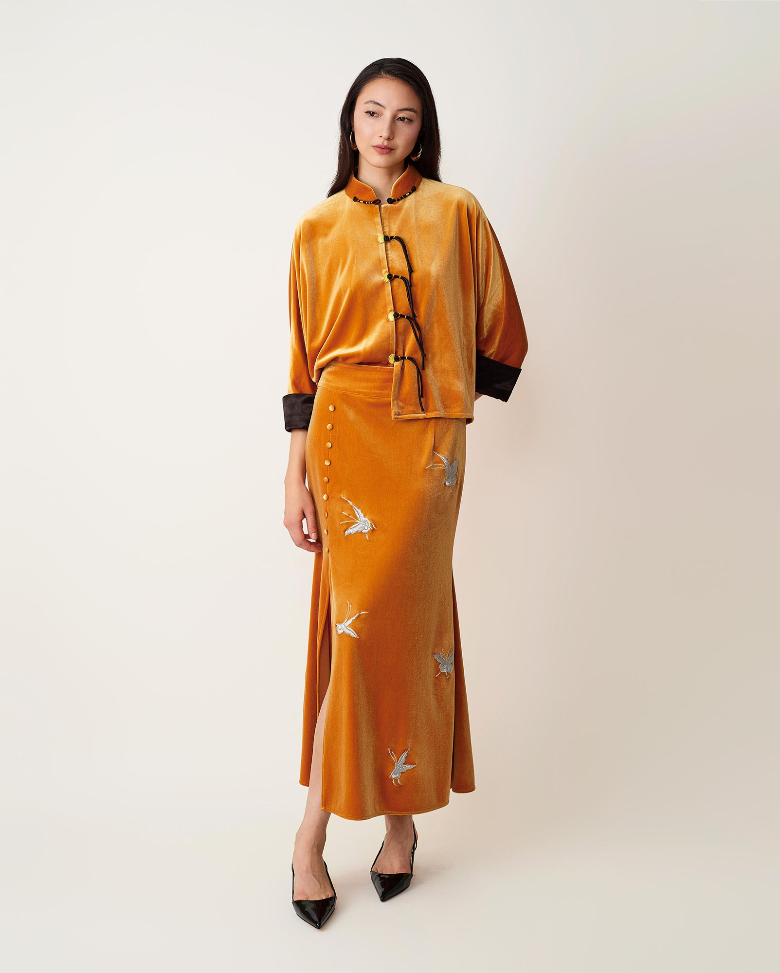 Butterfly Embroidered Velvet Fishtail Skirt Gold