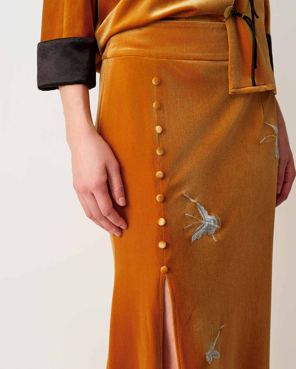 Butterfly Embroidered Velvet Fishtail Skirt Gold