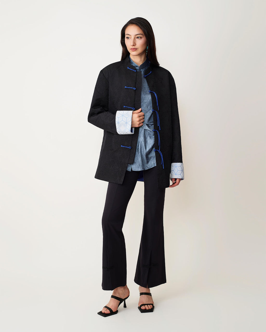 Butterfly Front-Slit Flared Pants with Chinese Knot Button