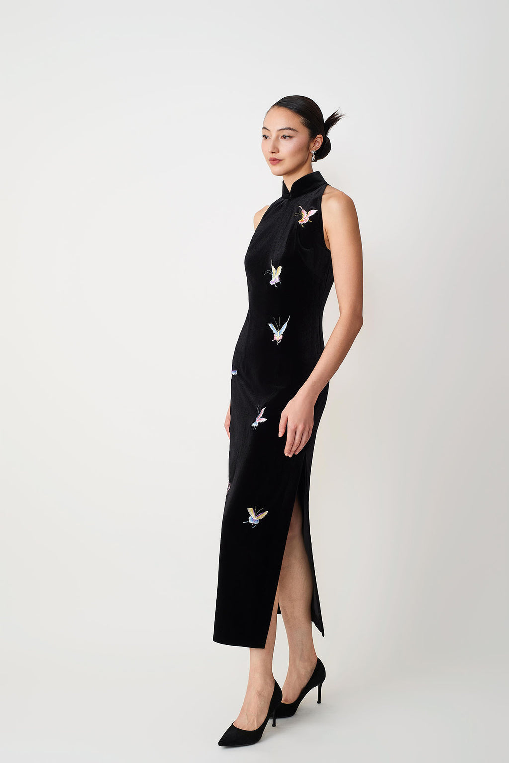 Butterfly Embroidered Halter-Neck Modern Qipao Black