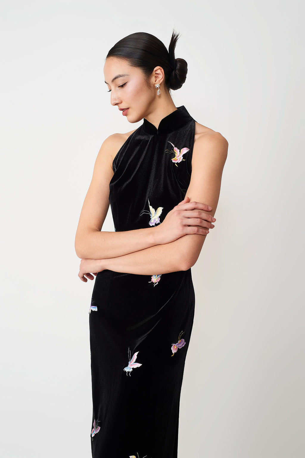 Butterfly Embroidered Halter-Neck Modern Qipao Black