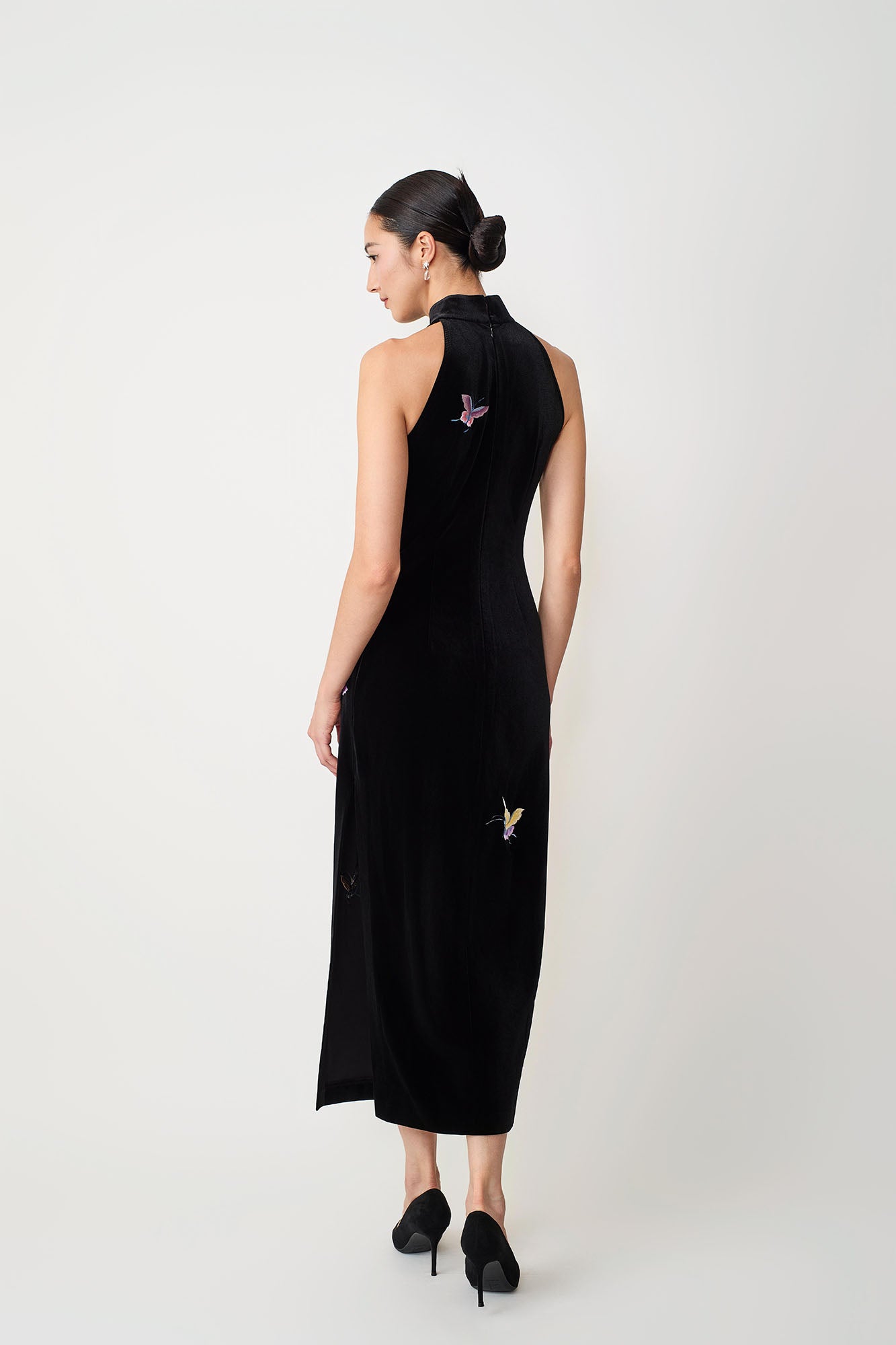 Butterfly Embroidered Halter-Neck Modern Qipao Black