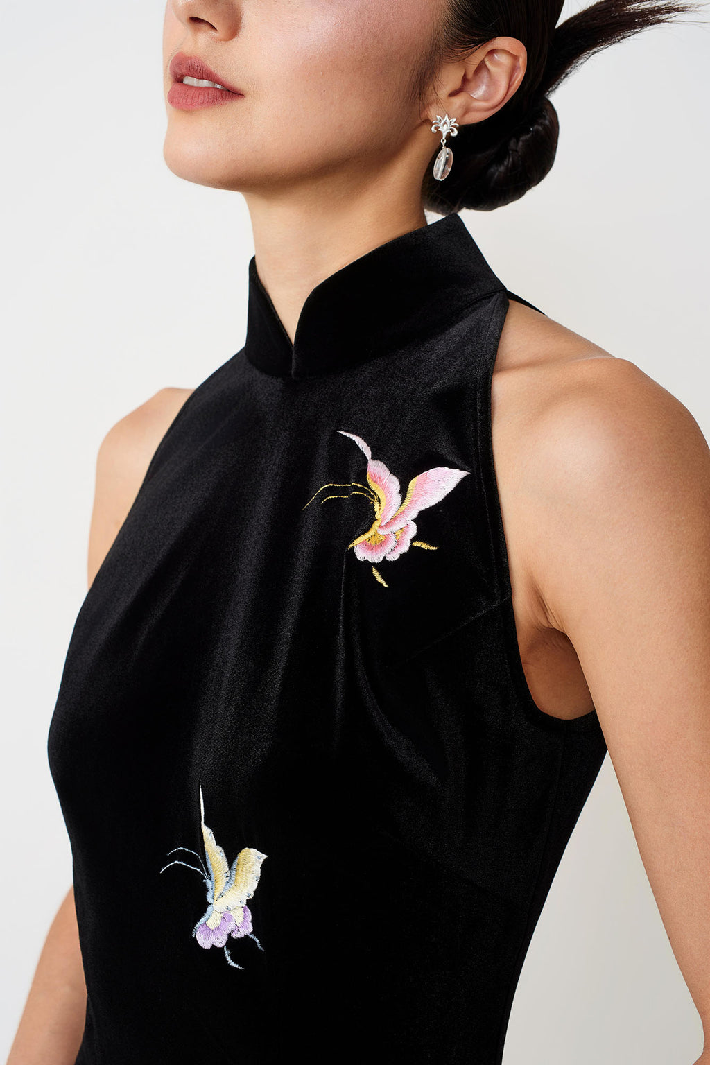 Butterfly Embroidered Halter-Neck Modern Qipao Black