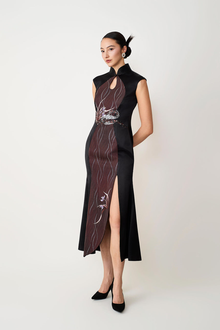 Snake & Orchid Embroidered Qipao Mocha