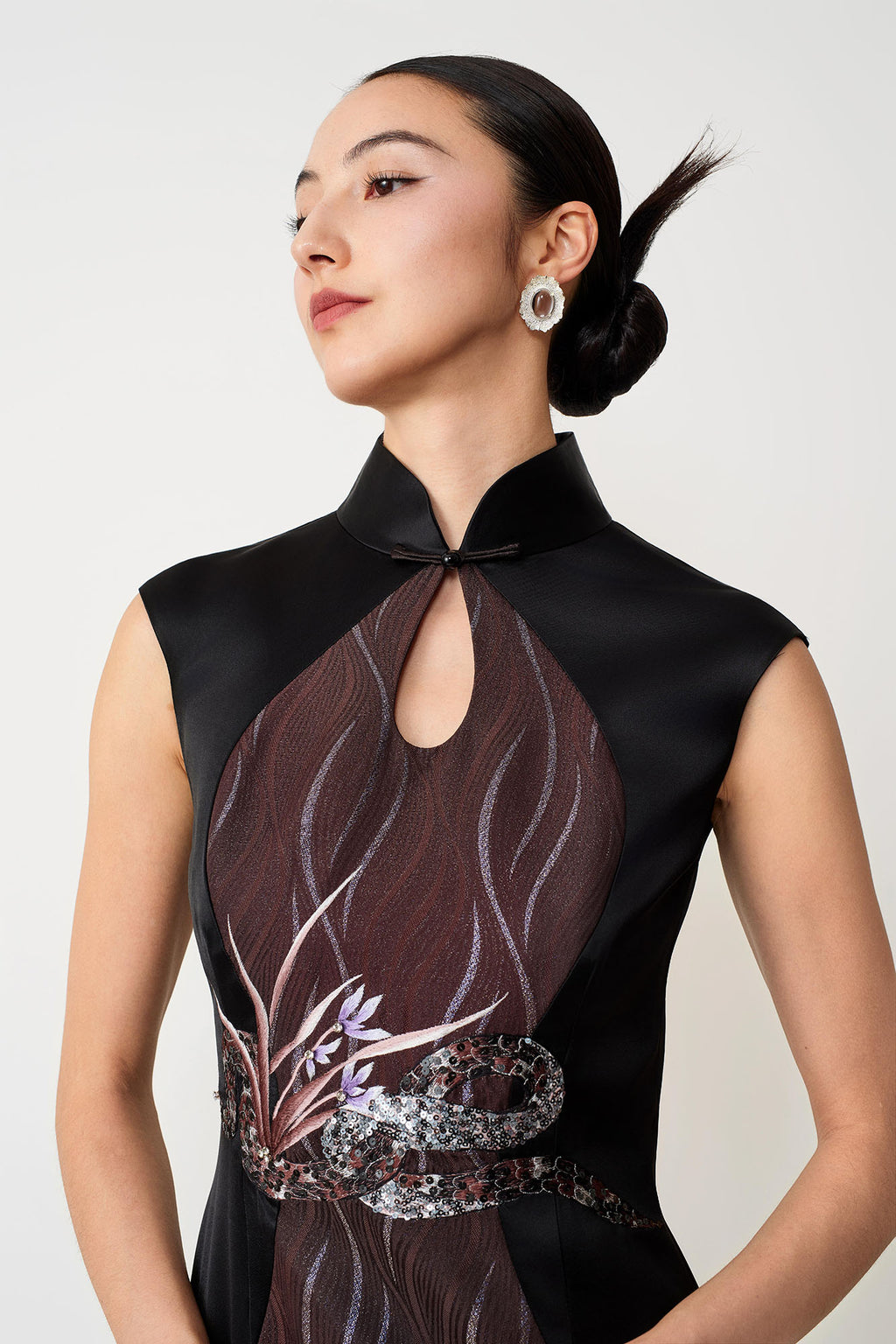 Snake & Orchid Embroidered Qipao Mocha