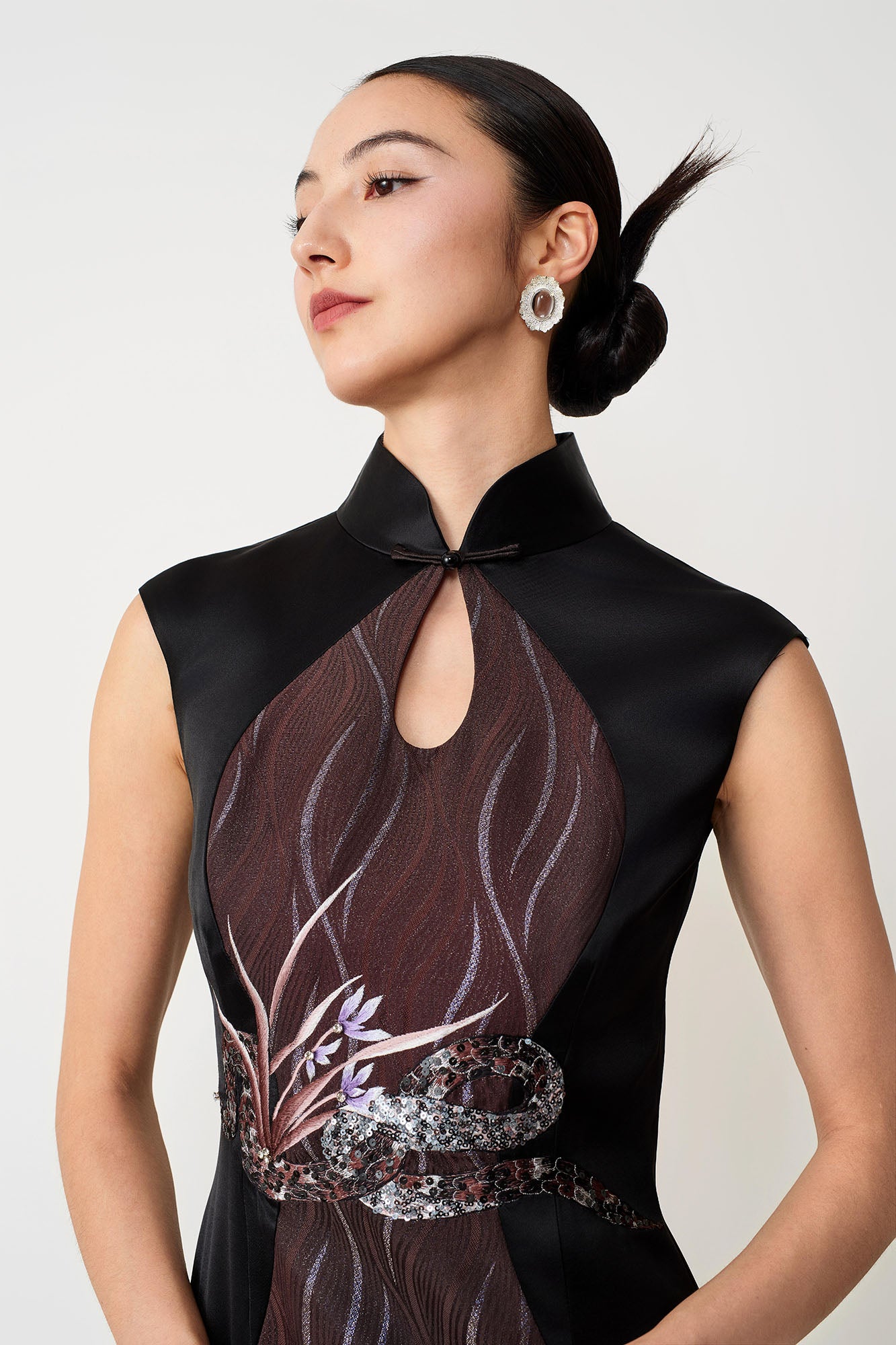Snake & Orchid Embroidered Qipao Mocha