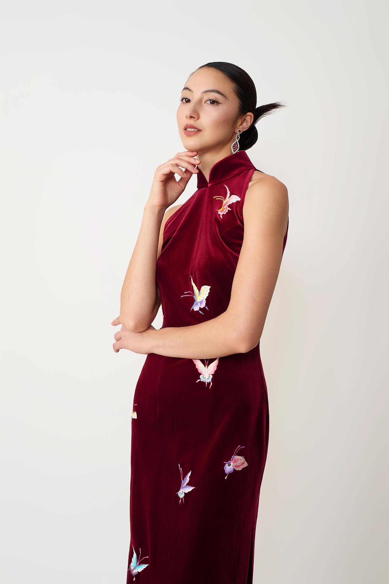 Butterfly Embroidered Halter-Neck Modern Qipao Red