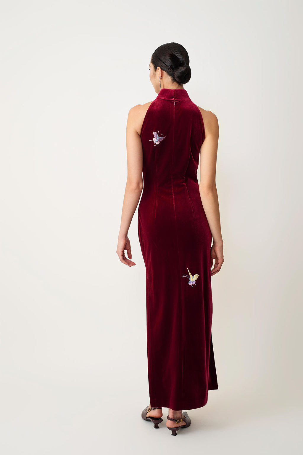 Butterfly Embroidered Halter-Neck Modern Qipao Red