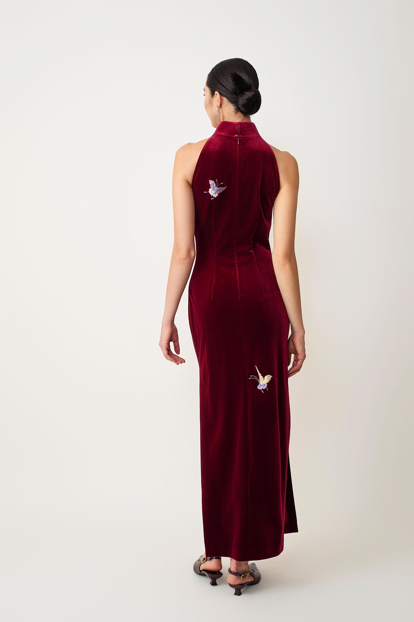 Butterfly Embroidered Halter-Neck Modern Qipao Red