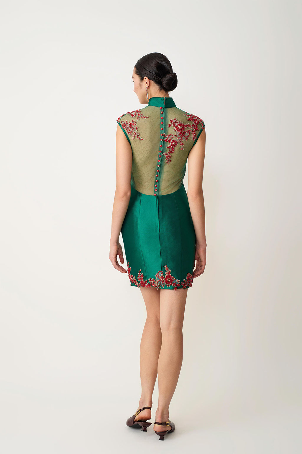 Beaded Rose Gauze Spliced Short Qipao Green