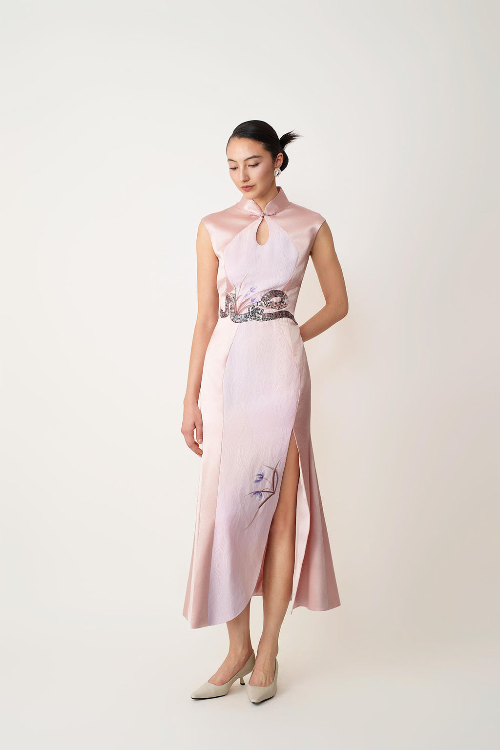 Snake & Orchid Embroidered Qipao Pink