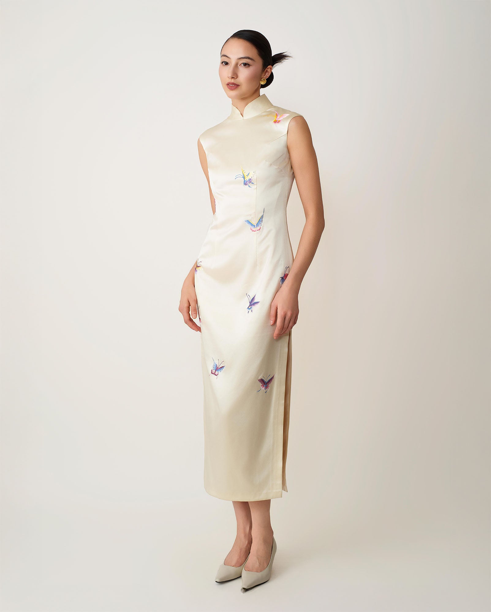 Butterfly Embroidered Modern Qipao Cream