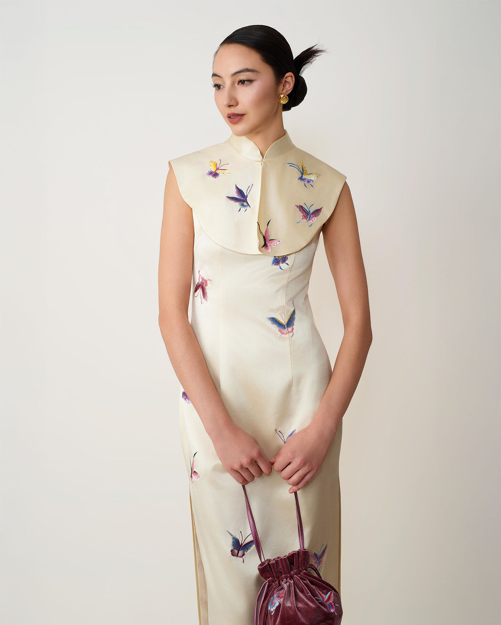 Butterfly Embroidered Modern Qipao Cream