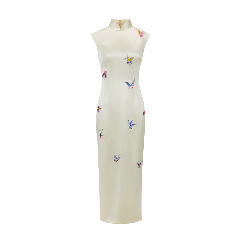 Butterfly Embroidered Modern Qipao Cream