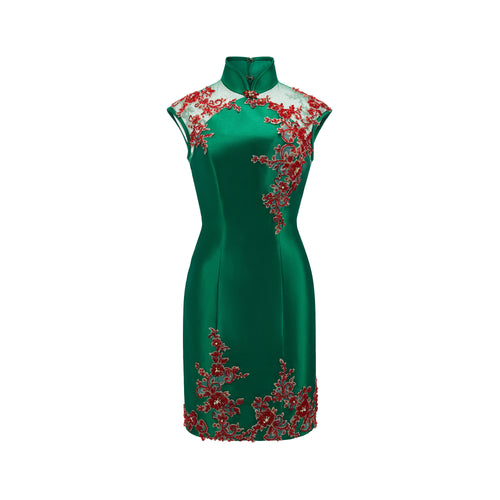 Beaded Rose Gauze Spliced Short Qipao Green
