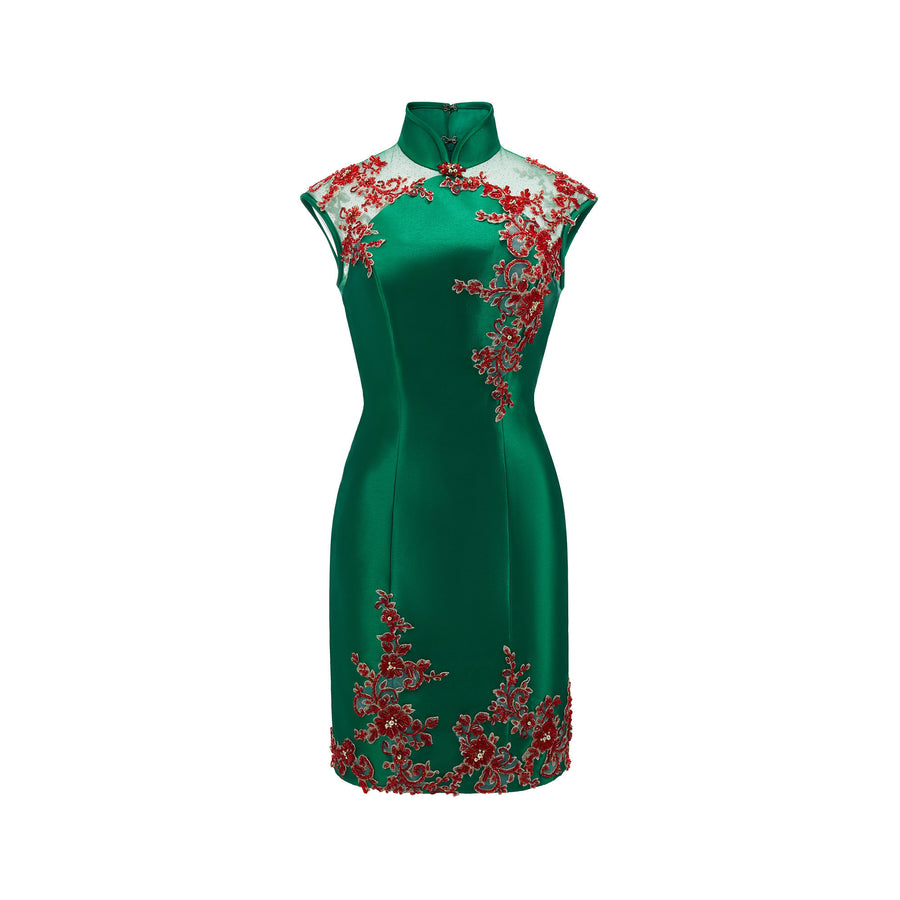 Beaded Rose Gauze Spliced Short Qipao Green