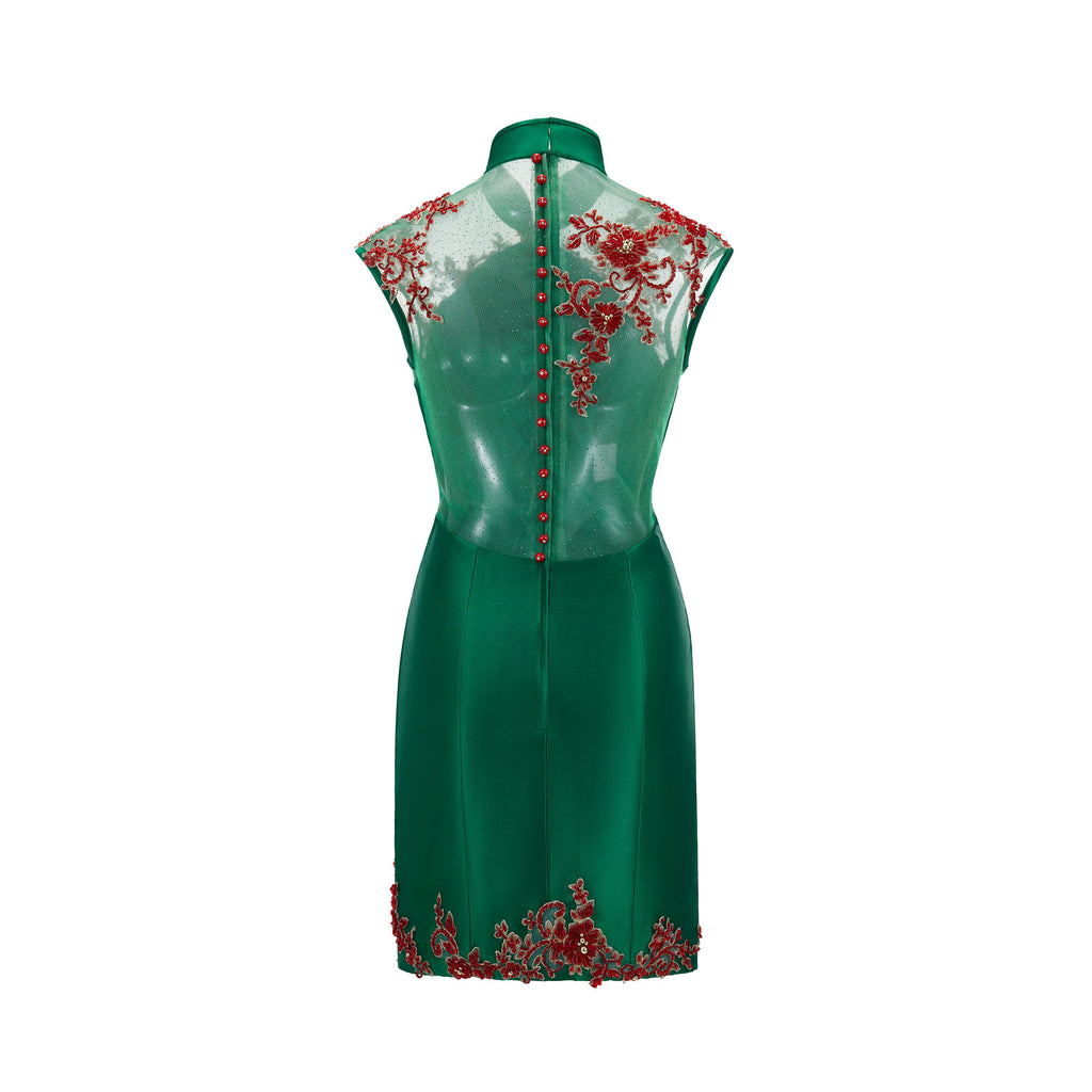 Beaded Rose Gauze Spliced Short Qipao Green