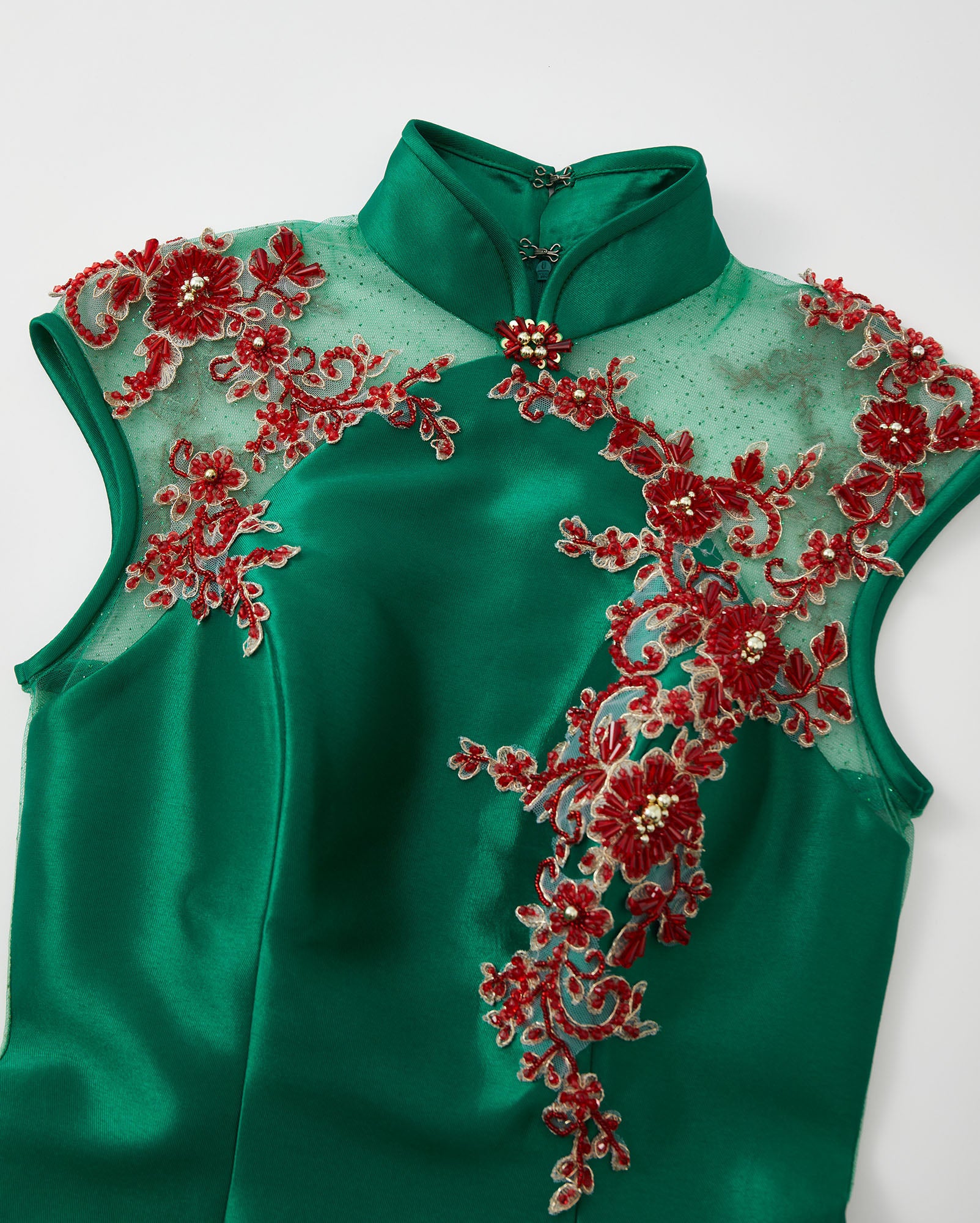 Beaded Rose Gauze Spliced Short Qipao Green