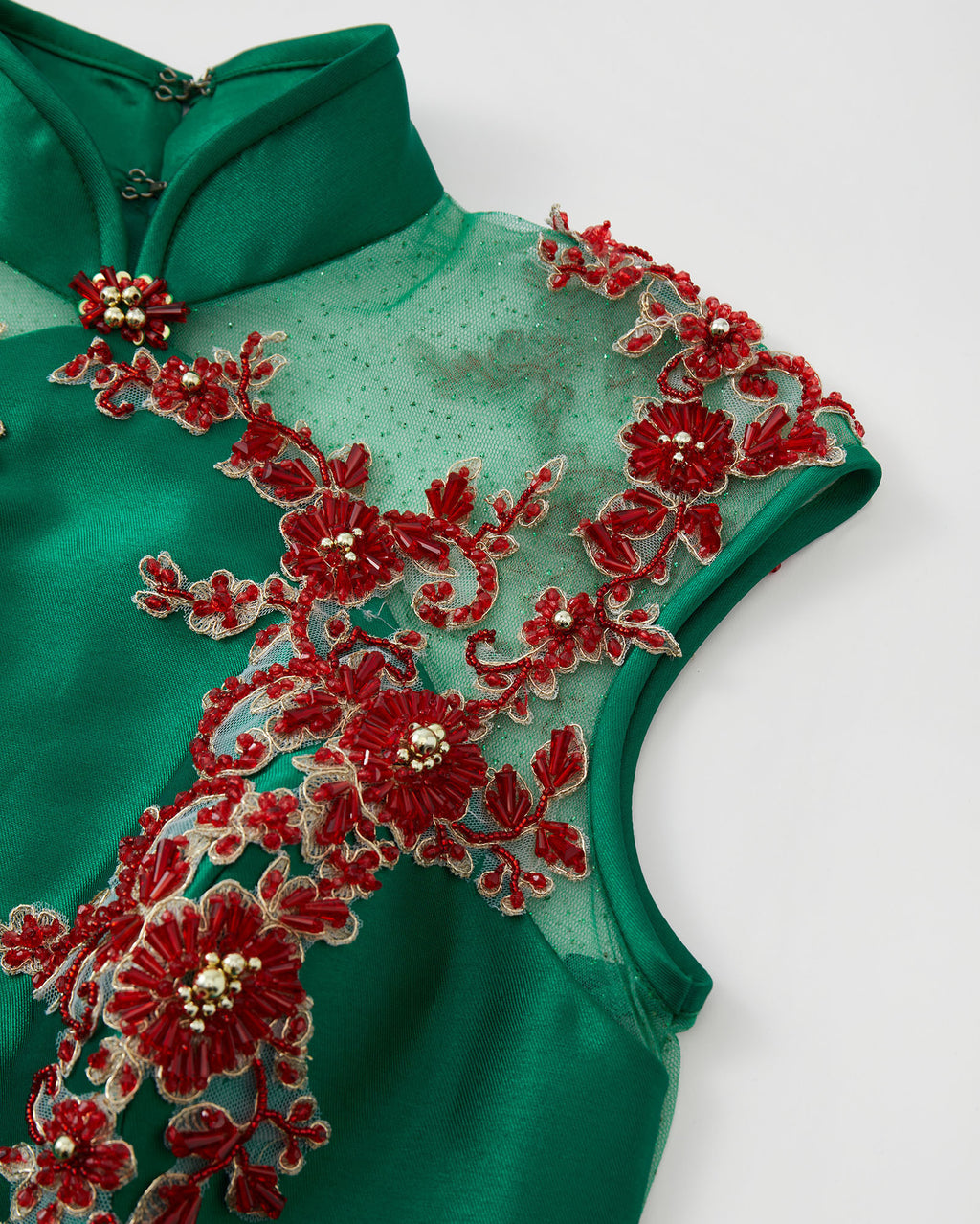 Beaded Rose Gauze Spliced Short Qipao Green