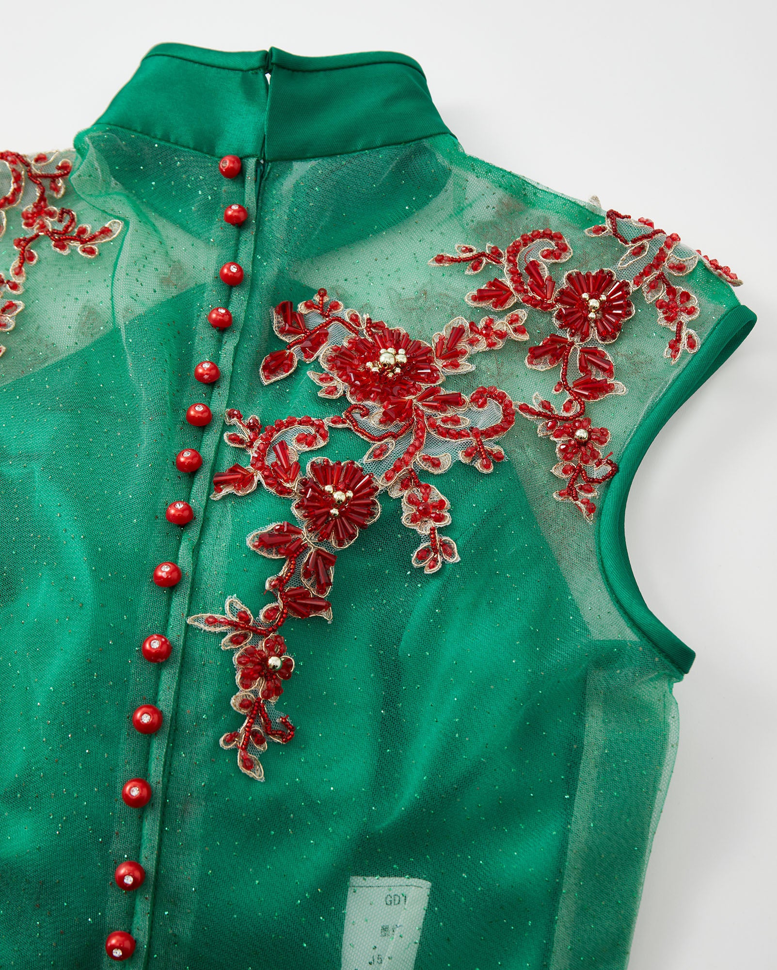 Beaded Rose Gauze Spliced Short Qipao Green