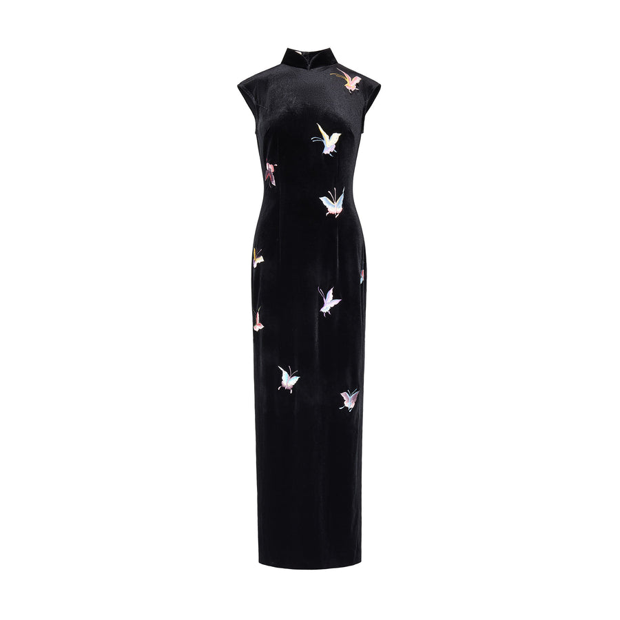 Butterfly Embroidered Modern Qipao Black