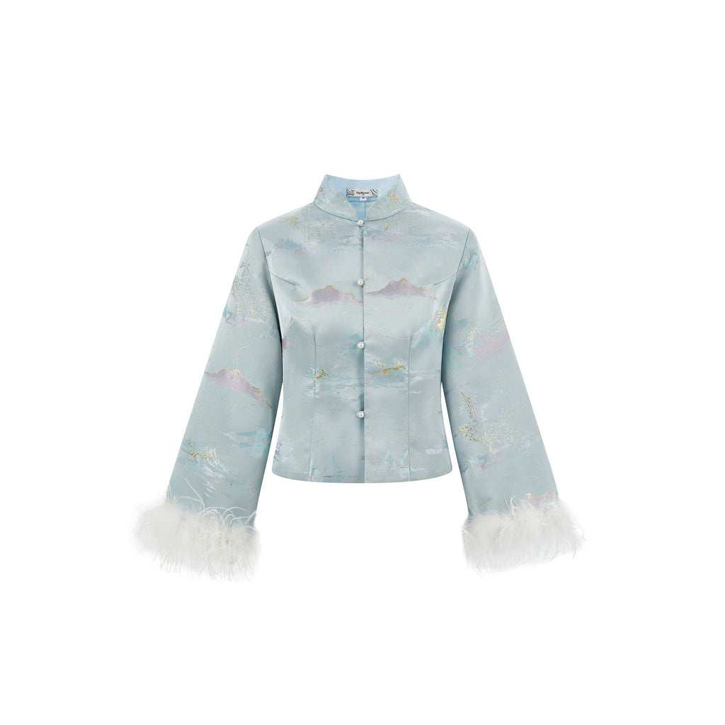 Landscape Patterned Short Jacket Azure Blue