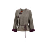 Flower Button Ribbon Blouse Gray