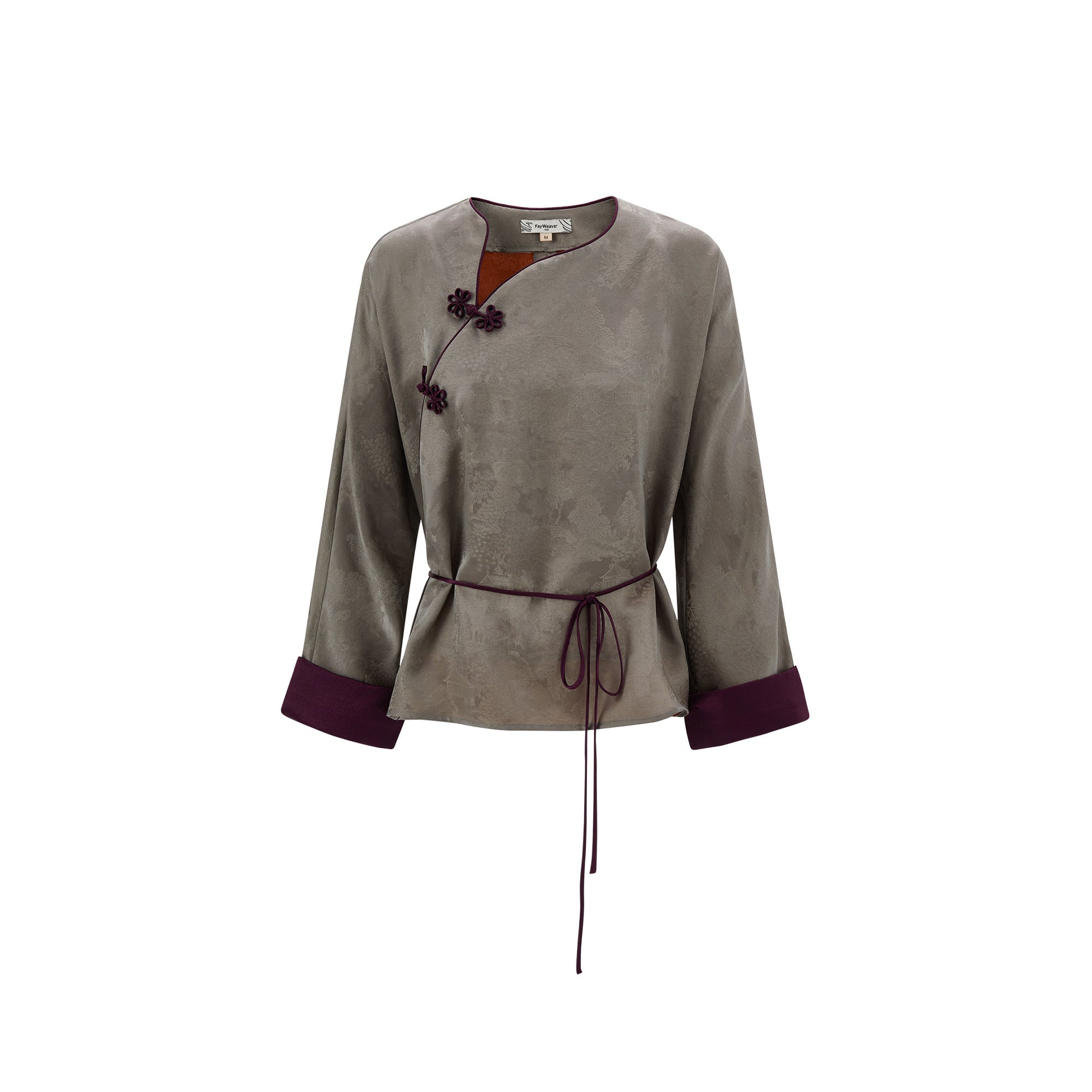 Flower Button Ribbon Blouse Gray