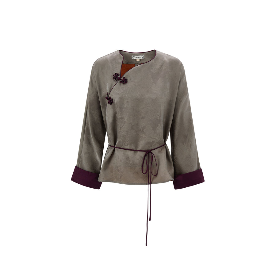 Flower Button Ribbon Blouse Gray